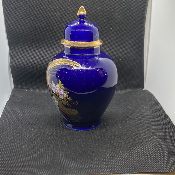 Cobalt Blue Ginger Jar w Lid | Japanese Kutani Style Gold Floral Bird Vase - Picture 2 of 8